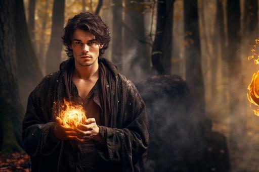 A young 20 years old man, in medieval old dark gray worn tunic, dark disheveled hair behind the ears, gray eyes, standing in the middle of a very ancient dark forest, a fire mage who holds fire above the palm of his hand, he has a clear orange stone on his chest on a leather cord. behind him the trees are very old and tall and scarry,medieval times, night, the forest is illuminated by the light of the flame, photorealistic, medival movie