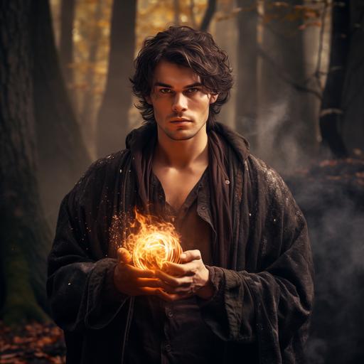 A young 20 years old man, in medieval old dark gray worn tunic, dark disheveled hair behind the ears, gray eyes, standing in the middle of a very ancient dark forest, a fire mage who holds fire above the palm of his hand, he has a clear orange stone on his chest on a leather cord. behind him the trees are very old and tall and scarry,medieval times, night, the forest is illuminated by the light of the flame, photorealistic, medival movie