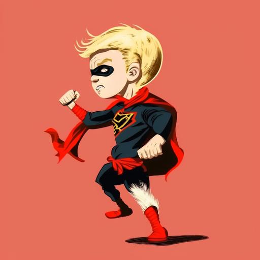 :kid art style. a pretty blond boy in superman pajamas and red boots. throwing a punch at by dressed in black burglar mask costume. cartoon. --stylize 500 --v 4 --s 5000