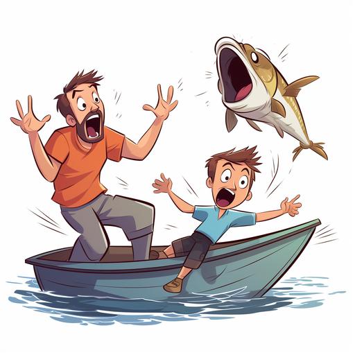 kid catches TOO big of a fish while fishing with dad on a boat in the cartoon style of calvin and hobbs white background emotion fear