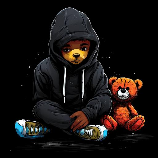 kid drawing crayon messy art cool tone gothic art teen cartoon with beanie sitting with life sized teddy bear black background