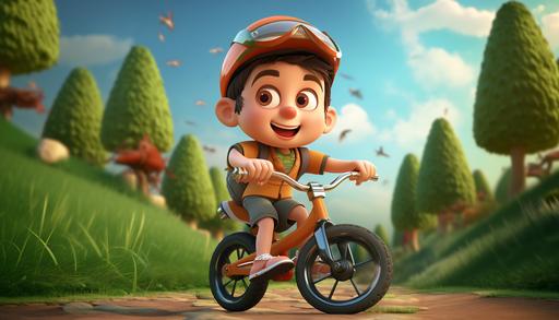 kid driving bicycle cartoon 3d illustration --ar 7:4