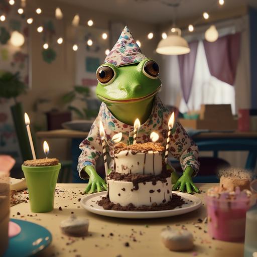 kid in a frog outfit with birthday cake, 4K