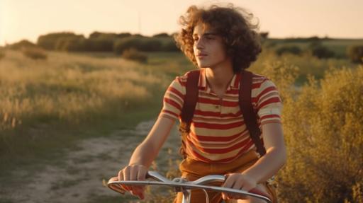 kid of 16 years old riding a a bicycle in sicily in the 70s with a tshirt with red and white stripes, golden hour light, mid shot,vintage look,film, wide shot, leica m40 camera look, 35 mm lense, realistic style 4k --ar 16:9 --stylize 1000 --v 5 --v 5 --v 5