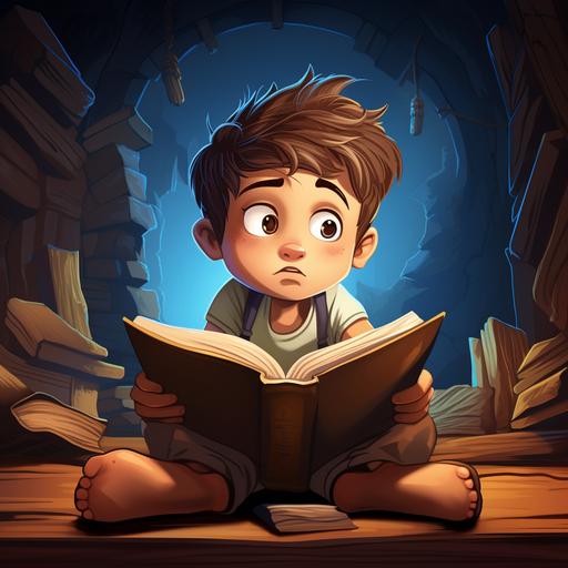 kid struggling with reading, cartoon style