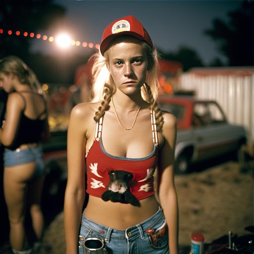 kiddypool, party, racoon, red neck, shot gun, trailer park, female, daisy dukes, film grain, yashika t4, flash, Kodak portra 800, chiaroscuro, f1.4, clear features, hyperrealist photography, clean sharp focus