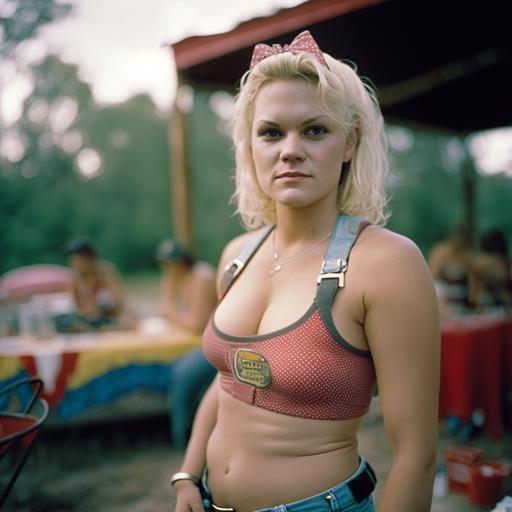 kiddypool, party, racoon, red neck, shot gun, trailer park, female, daisy dukes, film grain, yashika t4, flash, Kodak portra 800, chiaroscuro, f1.4, clear features, hyperrealist photography, clean sharp focus