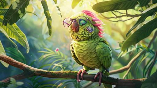 kids book illustration of a green parakeet character with fashion glasses and pink hair and beautiful sneakers standing on a branch of a tree in the middle of a tropical florest, morning light, artistic, water color --ar 16:9