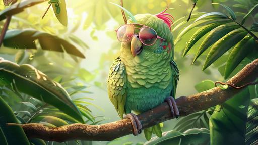 kids book illustration of a green parakeet character with fashion glasses and pink hair and beautiful sneakers standing on a branch of a tree in the middle of a tropical florest, morning light, artistic, water color --ar 16:9