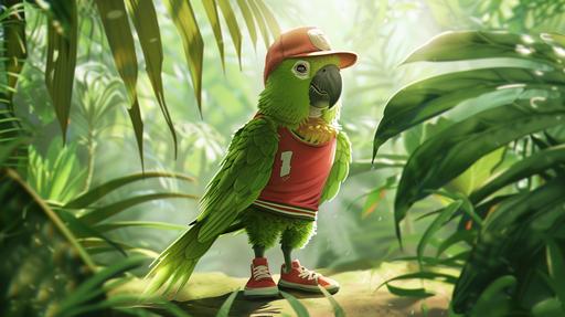 kids book illustration of a green parakeet character with basketball hat, football jersey and beautiful sneakers standing in the middle of a tropical florest, wings up, posing, morning light, artistic, water color --v 6.0 --ar 16:9