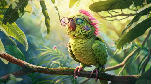 kids book illustration of a green parakeet character with fashion glasses and pink hair and beautiful sneakers standing on a branch of a tree in the middle of a tropical florest, morning light, artistic, water color --ar 16:9 --v 6.0