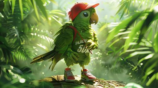 kids book illustration of a green parakeet character with basketball hat, football jersey and beautiful sneakers standing in the middle of a tropical florest, wings up, posing, morning light, artistic, water color --ar 16:9 --v 6.0