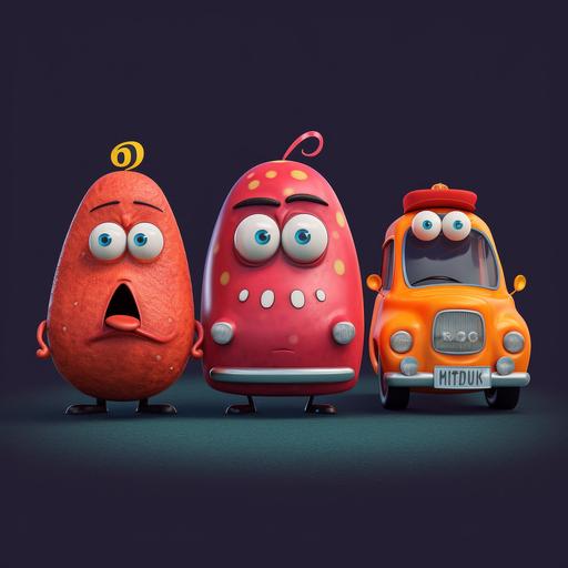 kids cartoon character   reddish taxis shaped like rigid, crescent moons or “sickles”. They look with worried or confused expressions
