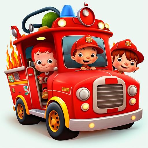 kids cartoon red happy fire truck with friends --s 750 --uplight