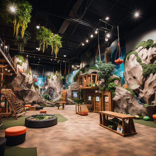 kid's climbing gym in 6000 square foot space with traverse wall, life-like boulders, top-rope and jungle gym structures