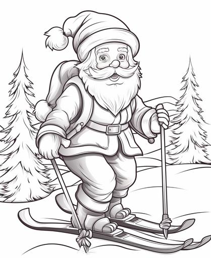 kids coloring book, Christmas,Santa and elfs on skis., cartoon style, thick lines, no shading, black and white --ar 9:11