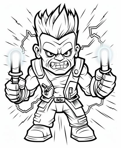kids coloring book, Halloween, Frankenstein with electricity, cartoon style, thick lines. low detail, black and white --ar 9:11