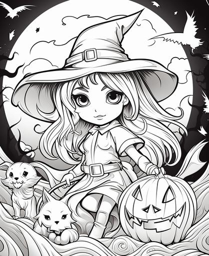 kids coloring book, Halloween, witch rising on a broom, cartoon style, thick lines. low detail, black and white --ar 9:11