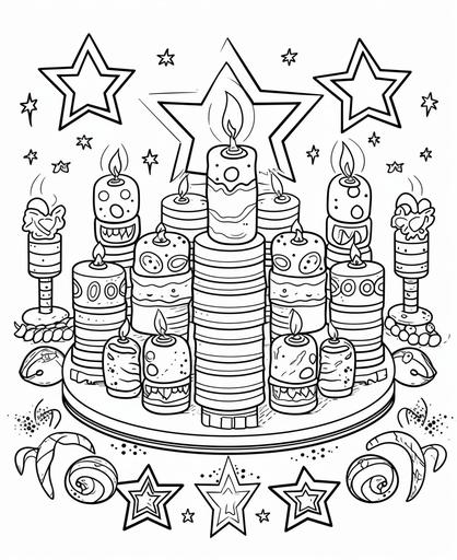 kids coloring book, Hanukkah , Menorah candles, Dreidels, Hanukkah gelt, coins cartoon style, thick lines, no shading, black and white --ar 9:11