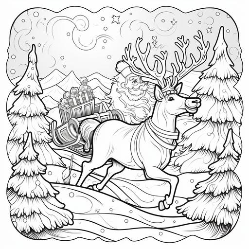 kid's coloring book ,Reindeer pulling Santa's sleigh through the night sky,cartoon,thick lines,black and white,white background--style raw
