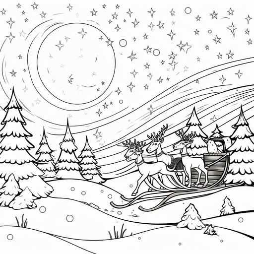 kid's coloring book ,Reindeer pulling Santa's sleigh through the night sky,cartoon,thick lines,black and white,white background--style raw