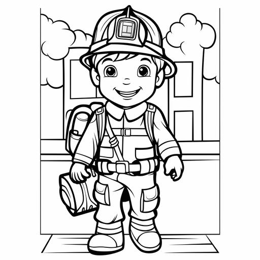 kid's coloring book ,[firefighter],cartoon,thick lines,black and white,white background--style raw