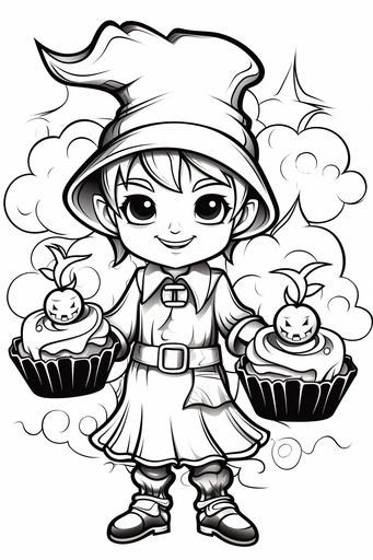 kids coloring book, flat vector, technical pen style, doodle style, white background, minimalistic, Bat Brownies: Pumpkin Head Chef baking bat-shaped brownies with frosting wings., dynamic pose, 100% white fill, black and white colors, swirly folk art syle, mystical, unusual, black and white, no noise, clean lines, outline art, no black filling --ar 2:3