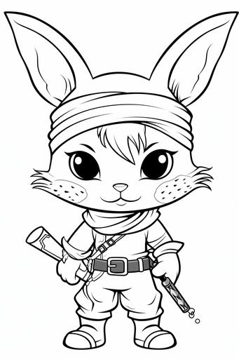 kids coloring book, flat vector, technical pen style, doodle style, white background, minimalistic, Pirate Ninja Bunny: A bunny in a pirate-ninja costume, complete with a pirate hat and a ninja headband., dynamic pose, 100% white fill, black and white colors, swirly folk art syle, mystical, unusual, black and white, no noise, clean lines, outline art, no black filling --ar 2:3