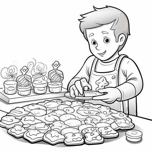 kid's coloring book ,(gingerbread cookies being decorated with icing and candies),cartoon,black and white,white background--style raw,9:11