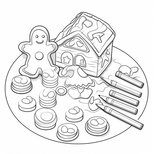 kid's coloring book ,(gingerbread cookies being decorated with icing and candies),cartoon,black and white,white background--style raw,9:11