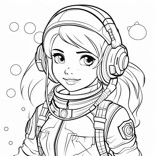 kid's coloring book ,[girl astronout],cartoon,thick lines,black and white,white background--style raw