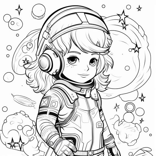 kid's coloring book ,[girl astronout],cartoon,thick lines,black and white,white background--style raw