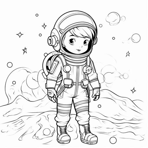 kid's coloring book ,[girl astronout],cartoon,thick lines,black and white,white background--style raw