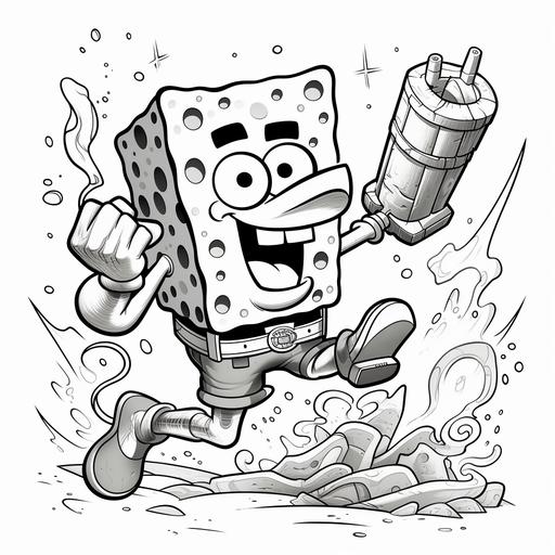 kids coloring book, hillarious spongebob squarepants, squid fighting, cartoon style, no shading, thick lines, low detail, no shading--ar 9:11