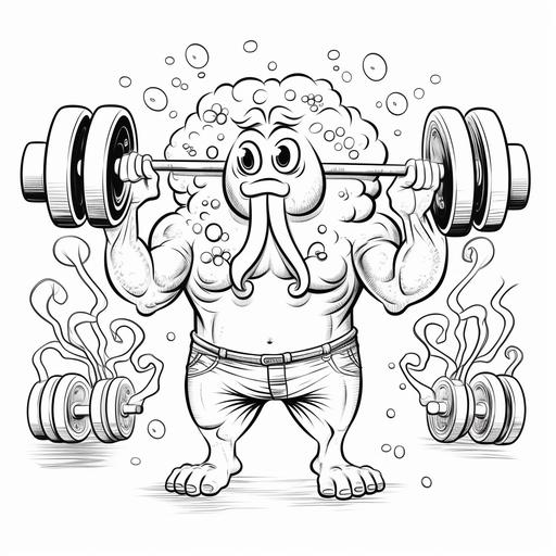 kids coloring book, spongebob squarepants working out, squid lifting weights, cartoon style, no shading, thick lines, low detail, no shading--ar 9:11