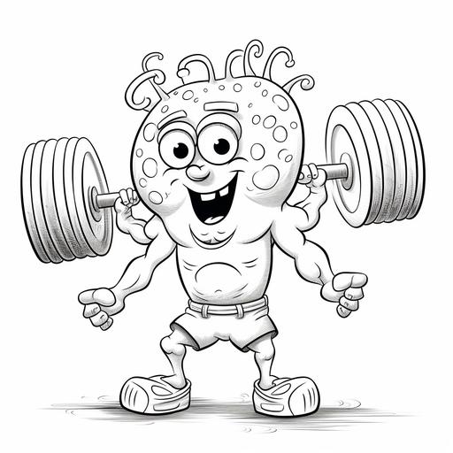 kids coloring book, spongebob squarepants working out, squid lifting weights, cartoon style, no shading, thick lines, low detail, no shading--ar 9:11