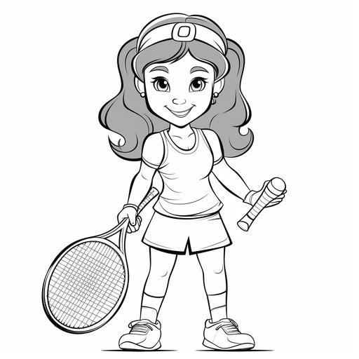 kid's coloring book ,[tennis player girl],cartoon,thick lines,black and white,white background--style raw