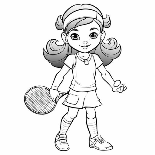 kid's coloring book ,[tennis player girl],cartoon,thick lines,black and white,white background--style raw