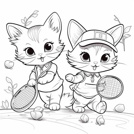 kids coloring book. black-and-white outline. cute cats playing tennis