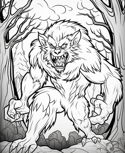 kids coloring book,Halloween, werewolf, cartoon style, thick lines, no shading, black and white --ar 9:11