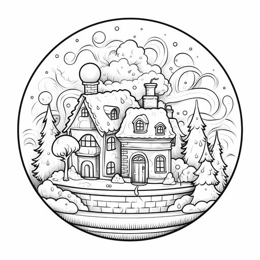 kid's coloring book,(snow globe),cartoon,thick lines ,black and white ,white background--style raw