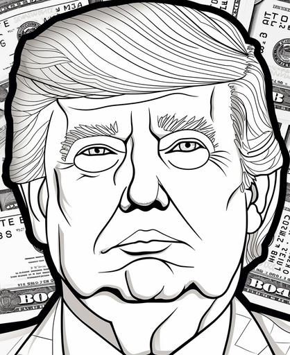 kids coloring page, Donald Trump on an american dollar bill, cartoon style, low detail, thick lines, no shading, no grey, --ar 9:11 --v 5