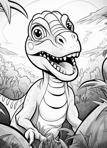 kids coloring page, Velociraptor, cartoon style, black and white, no shading --ar 8:11