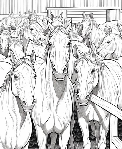 kids coloring page, a big herd of young horses in a pen , cartoon style, thick lines, low detail, no shading --ar 9:11