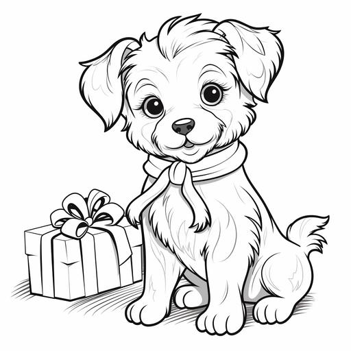 kids coloring page, christmas scene, with a cute yorkie puppy, black and white, bold vector black lines, no shading, all white background