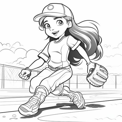 kids coloring page girl playing softball cartoon style thick lines no shading low detail