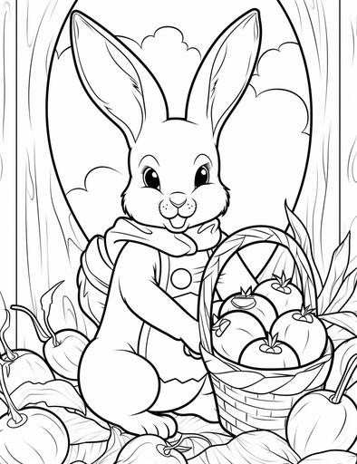 kids coloring page, low detail, thick lines, bunny rabit with basket --ar 17:22 --no shading