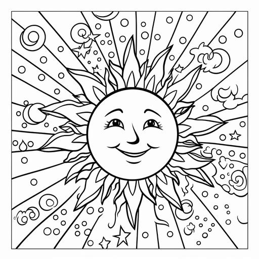 kids coloring page picture of the sun in space cartoon style thick lines low detail no shading