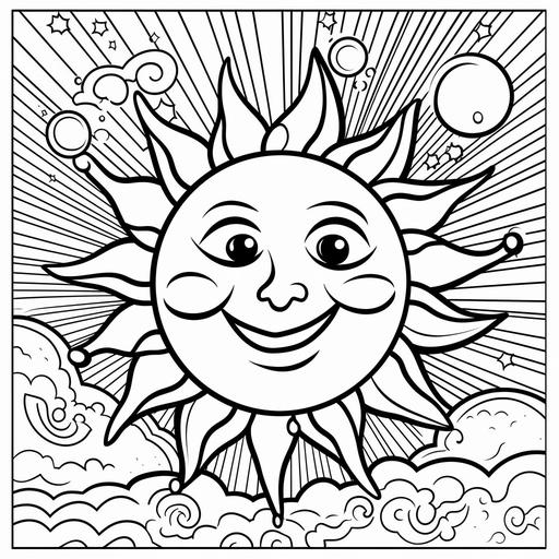 kids coloring page picture of the sun in space cartoon style thick lines low detail no shading