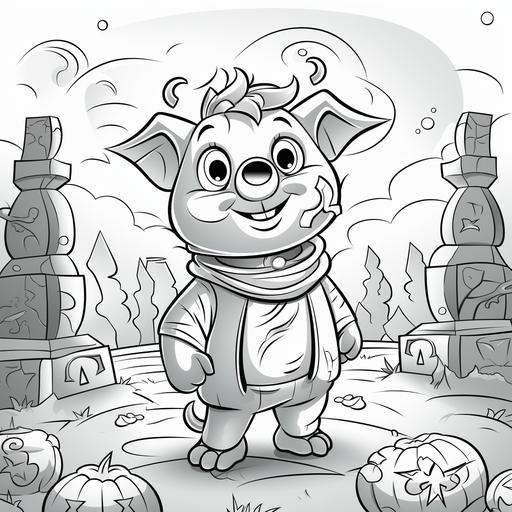 kids coloring page, pig party dressed in halloween costume in graveyard, cartoon style, thick lines, low detail, black and white, no shading--ar 85:110
